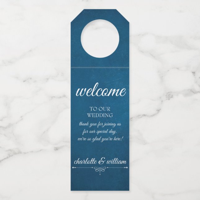 Navy Blue Wedding Welcome Bottle Hanger Tag (Front)