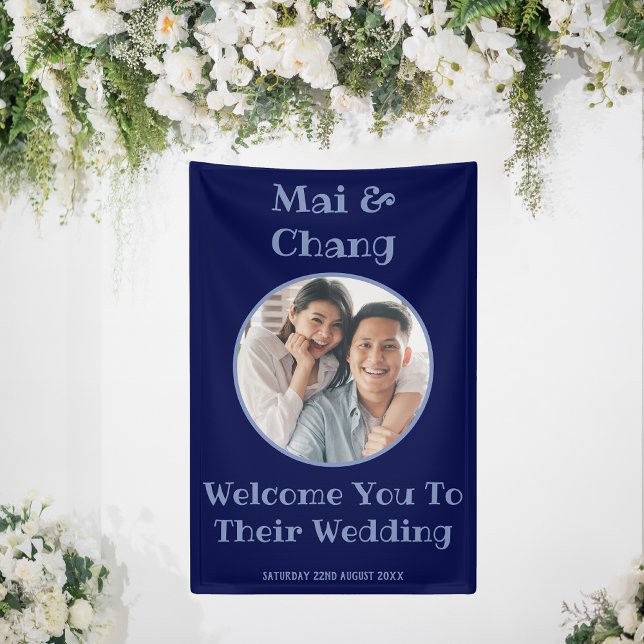 Navy Blue Wedding Welcome Sign Couple Photo Banner (Wedding Welcome Vertical Banner)