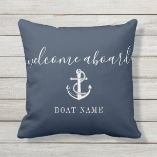 Navy Blue Welcome Aboard Boat Name Anchor Outdoor Pillow