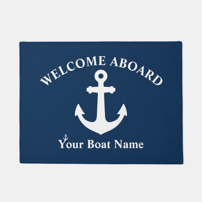 Navy Blue Welcome Aboard Boat Name Nautical Anchor Doormat (Front)