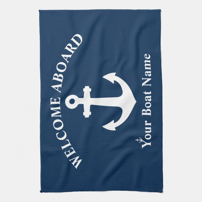 Navy Blue Welcome Aboard Boat Name Nautical Anchor Kitchen Towel (Vertical)
