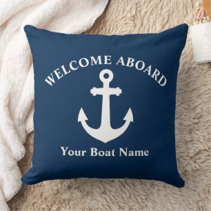 Navy Blue Welcome Aboard Boat Name Nautical Anchor Throw Pillow