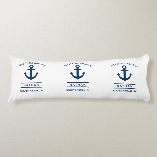 Navy Blue Welcome Aboard Custom Monogram Name  Body Pillow (Front)