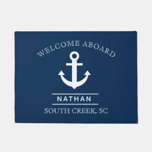 Navy Blue Welcome Aboard Custom Monogram Name Doormat