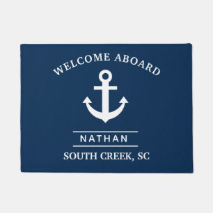 Navy Blue Welcome Aboard Custom Monogram Name  Doormat