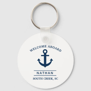 Navy Blue Welcome Aboard Custom Monogram Name Keychain
