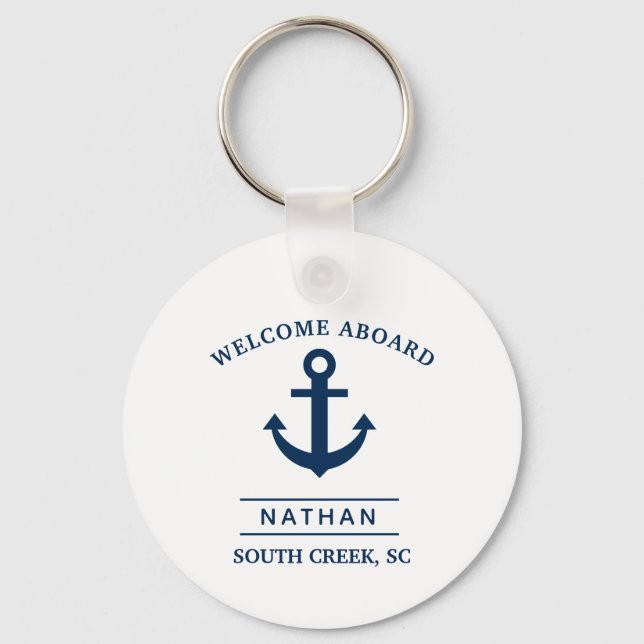 Navy Blue Welcome Aboard Custom Monogram Name  Keychain (Front)