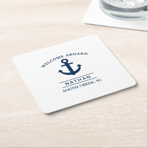 Navy Blue Welcome Aboard Custom Monogram Name  Square Paper Coaster
