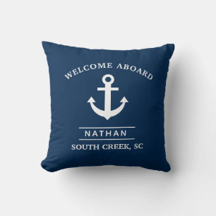Navy Blue Welcome Aboard Custom Monogram Name  Throw Pillow