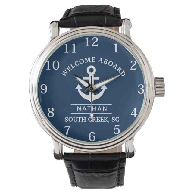 Navy Blue Welcome Aboard Custom Monogram Name  Watch (Front)
