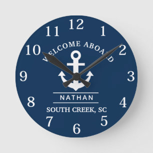 Navy Blue Welcome Aboard Custom Name Round Clock