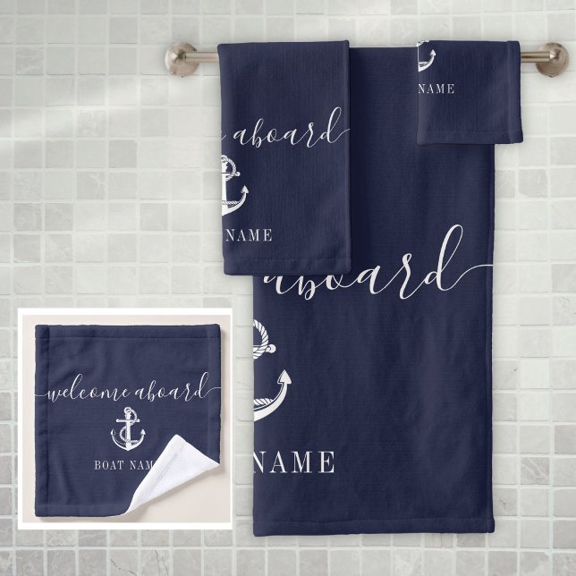 Navy Blue Welcome Aboard Nautical Anchor Boat Name Bath Towel Set (Navy Blue Welcome Aboard Nautical Anchor Boat Name Bath Towel Set)