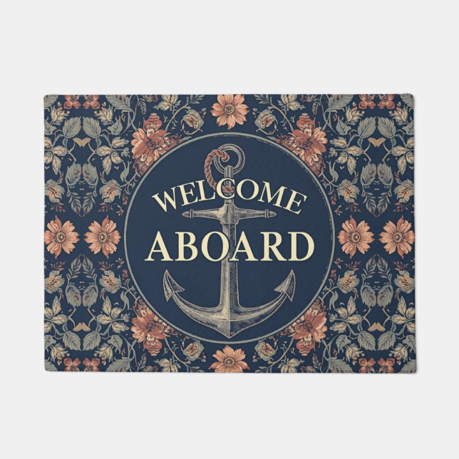 Navy Blue Welcome Aboard William Morris floral  Doormat (Front)