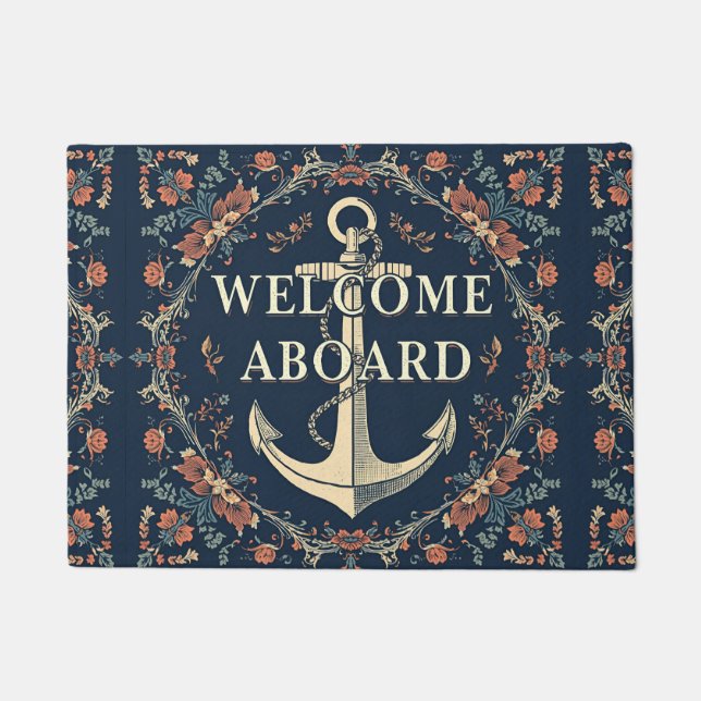 Navy Blue Welcome Aboard William Morris floral  Doormat (Front)