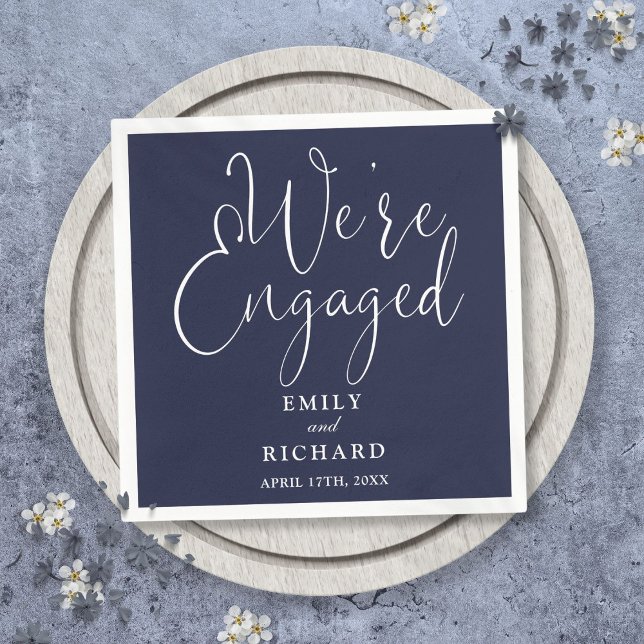 Navy Blue We're Engaged Script Engagement Party  Napkin (Navy Blue We're Engaged Script Engagement Party Napkins)