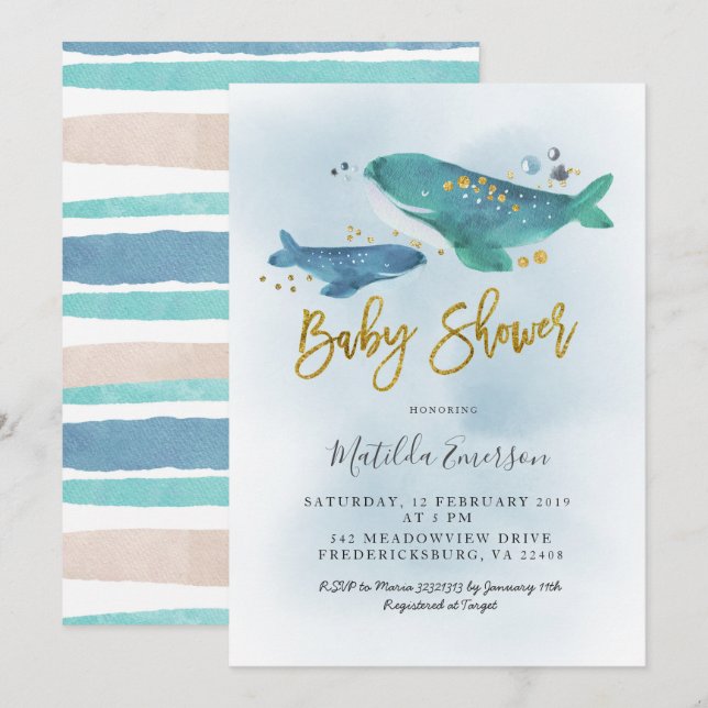 Navy Blue Whale Baby Shower Invitation (Front/Back)