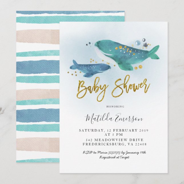Navy Blue Whale Baby Shower Invitation (Front/Back)