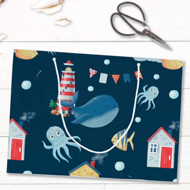 Navy Blue Whale Large Gift Bag (Whimsical Nautical Gift Bag)