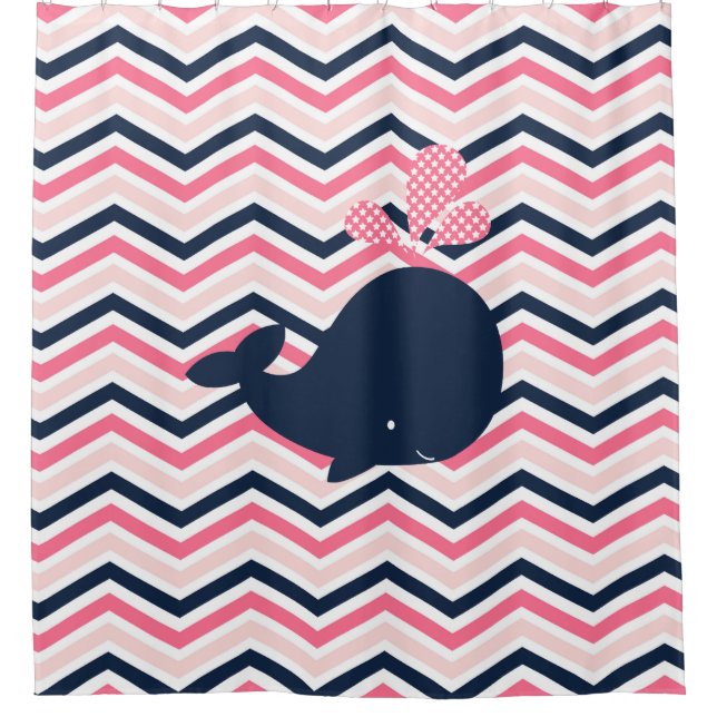 Navy Blue Whale on Pink, Navy Chevron Stripes (Front)