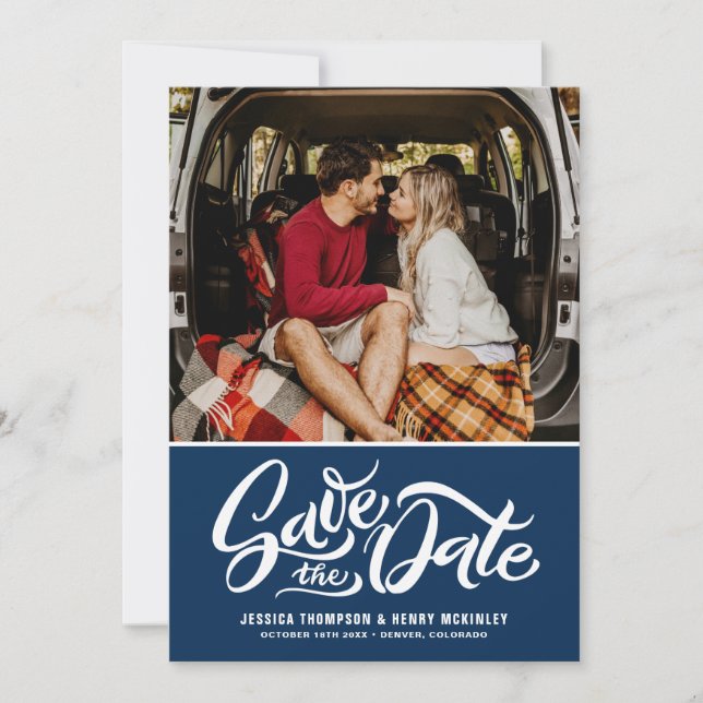 Navy Blue Whimsical Hand Lettered Photo Overlay Save The Date (Front)