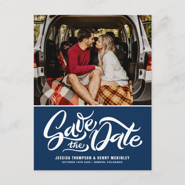 Navy Blue Whimsical Lettered Photo Save the Date Announcement Postcard (Front)
