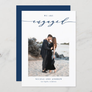 Navy Blue Whimsical Script Photo Engagement Announcement