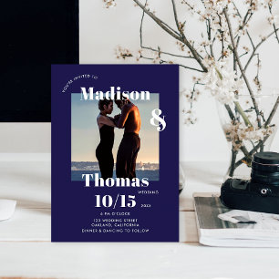 Navy Blue White 1 Photo Bold Minimalist Wedding Invitation