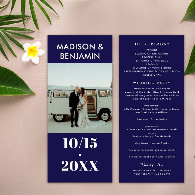 Navy Blue White 1 Photo Bold Minimalist Wedding Program (Front / Back)