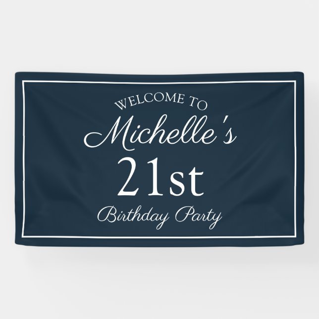 Navy Blue White 21st Birthday Party Banner (Horizontal)