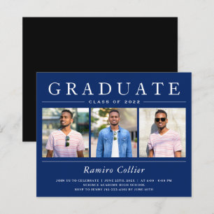 Navy Blue White 3 Photo Graduation Invitations