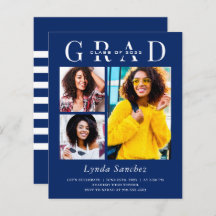 Navy Blue White 3 Photo Graduation Invitations
