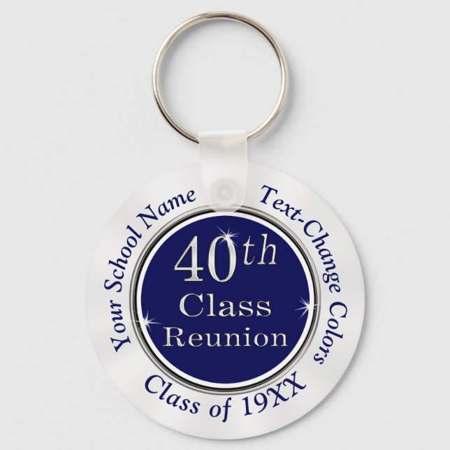 Navy Blue, White 40th Class Reunion Gift Bag Ideas Keychain (Front)
