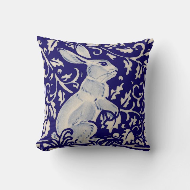 Navy Blue White Alert Rabbit Hare Chinoiserie Art Throw Pillow (Front)