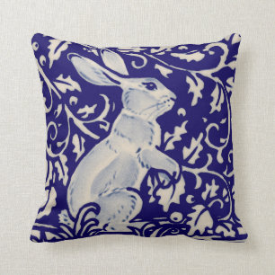 Navy Blue White Alert Rabbit Hare Chinoiserie Art Throw Pillow