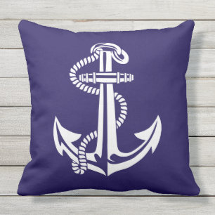 Navy Blue White Anchor Nautical Outdoor Pillow