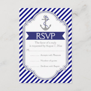 Navy blue, white anchor nautical wedding RSVP Card