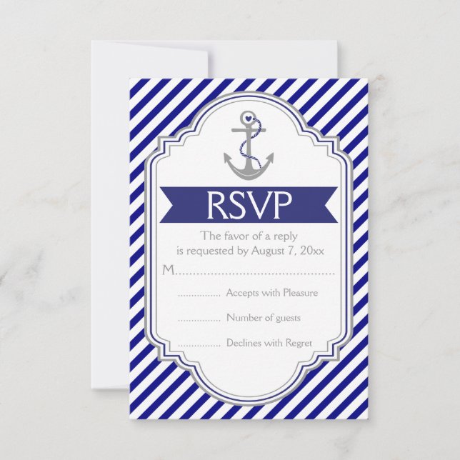 Navy blue, white anchor nautical wedding RSVP Card (Front)