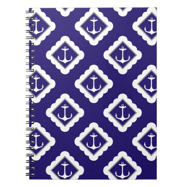 Navy Blue White Anchors Nautical Pattern Notebook (Front)