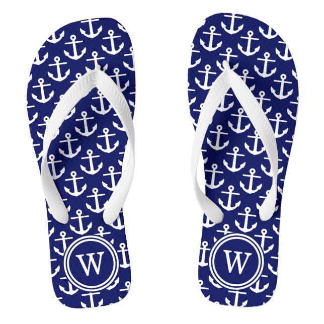Navy Blue White Anchors Navy Rnd Initial Monogram Flip Flops (Footbed)