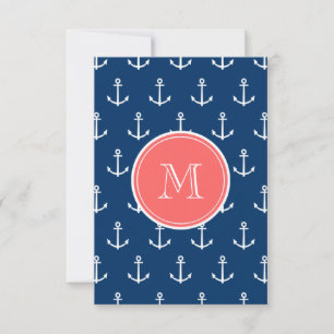 Navy Blue White Anchors Pattern, Coral Monogram