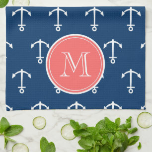 Navy Blue White Anchors Pattern, Coral Monogram Kitchen Towel