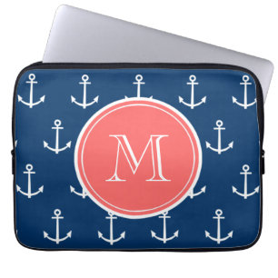 Navy Blue White Anchors Pattern, Coral Monogram Laptop Sleeve