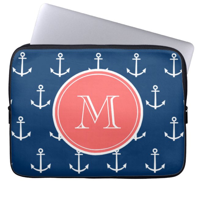Navy Blue White Anchors Pattern, Coral Monogram Laptop Sleeve (Front)