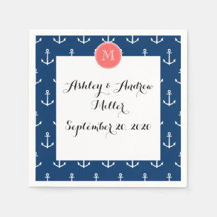Navy Blue White Anchors Pattern, Coral Monogram Napkin