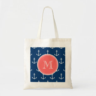 Navy Blue White Anchors Pattern, Coral Monogram Tote Bag