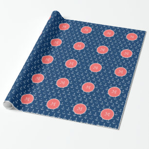 Navy Blue White Anchors Pattern, Coral Monogram Wrapping Paper