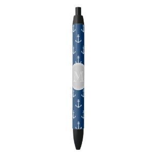 Navy Blue White Anchors Pattern, Grey Monogram Black Ink Pen