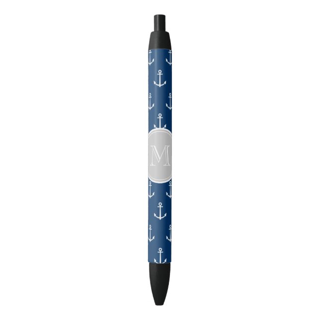 Navy Blue White Anchors Pattern, Grey Monogram Black Ink Pen (Front Vertical)