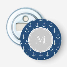 Navy Blue White Anchors Pattern, Grey Monogram
