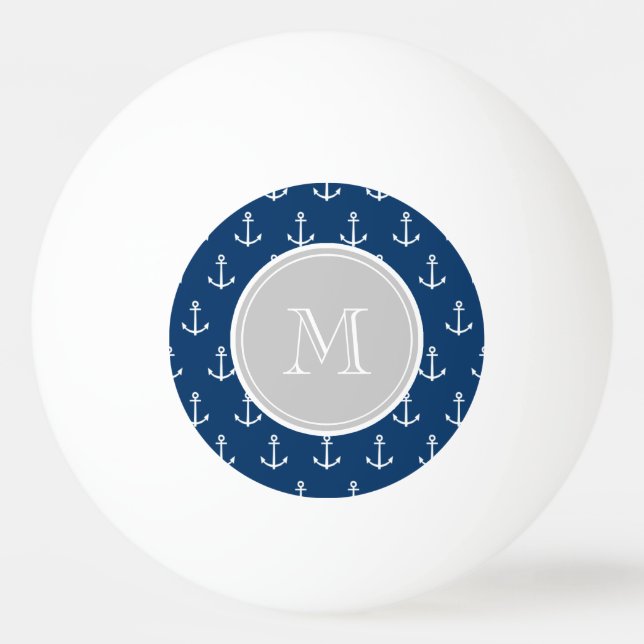 Navy Blue White Anchors Pattern, Grey Monogram Ping Pong Ball (Front)